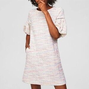 LOFT Boucle Cotton Blend Textured Stripe Puff Sleeve Shift Dress Size S
